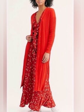 Free People Skylight Ribbed Cardigan XS Slim Fit Long Lightweight Red Orange